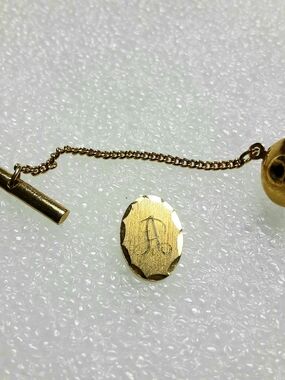 Vintage Tie Tack Oval Pin Brushed and Faceted Gold Tone, Engraved "A"